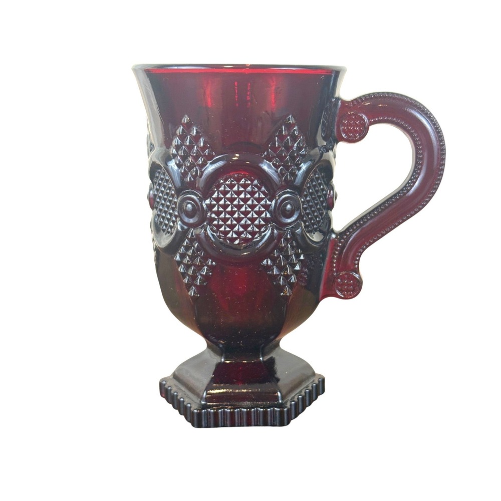 VTG Avon 1876 Ruby Red Cape Cod Collection Glass Pedestal Mug 5" Tall